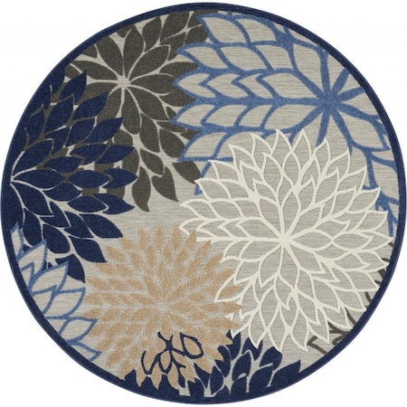 Homeroots 8 ft. Round Blue Large Floral Indoor & Outdoor Area Rug 384825